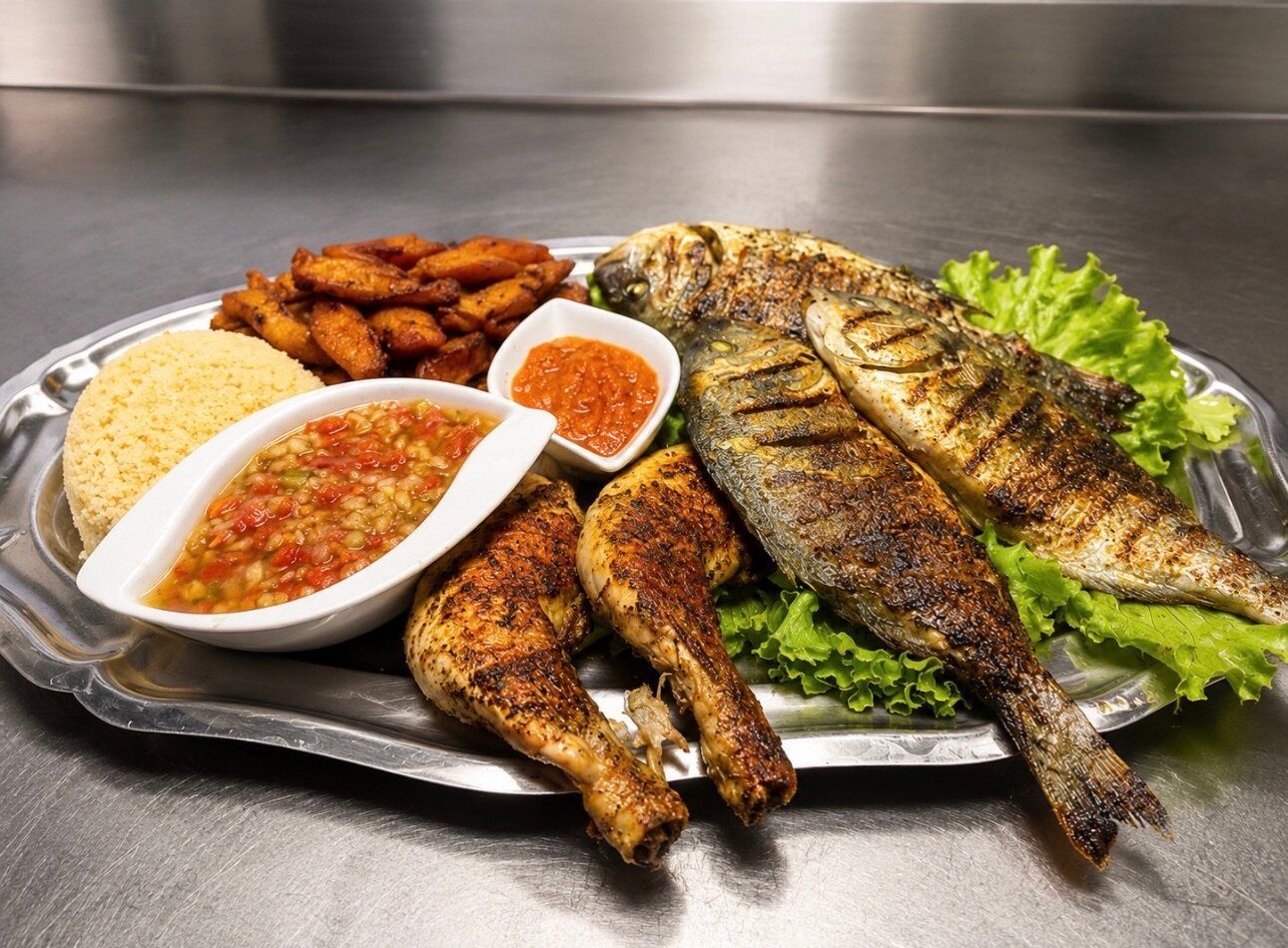 Plateau braisé : dorades et cuisses de poulet grillées, attiéké, alloco et sauces
